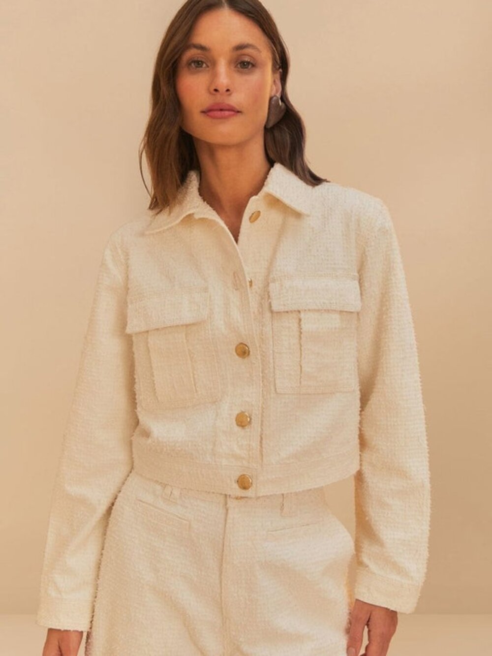 FARM Rio Off-White Twill Laser Cotton Crop Jacket Long Sleeves Women's Size L